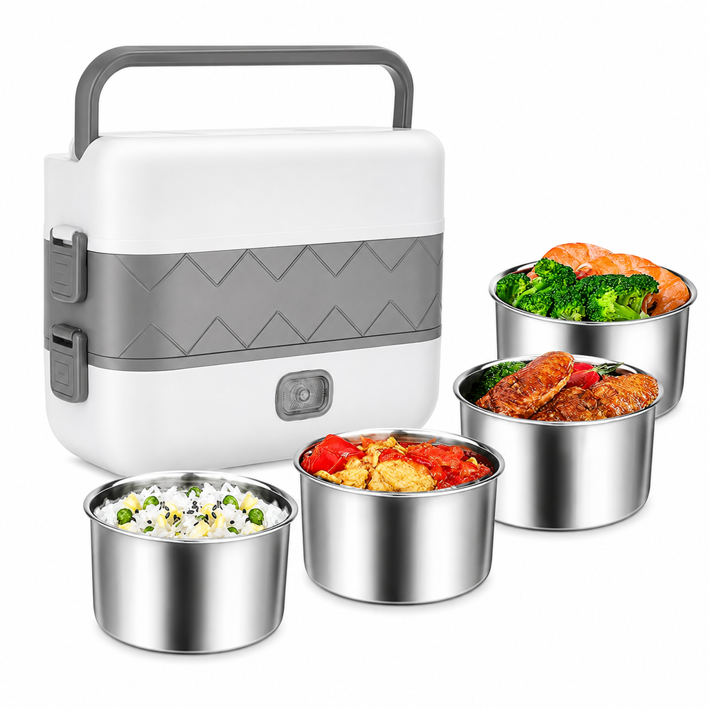 Combo Lonchera Eléctrica 2 Niveles + Taza Mezcladora Automática Recargable