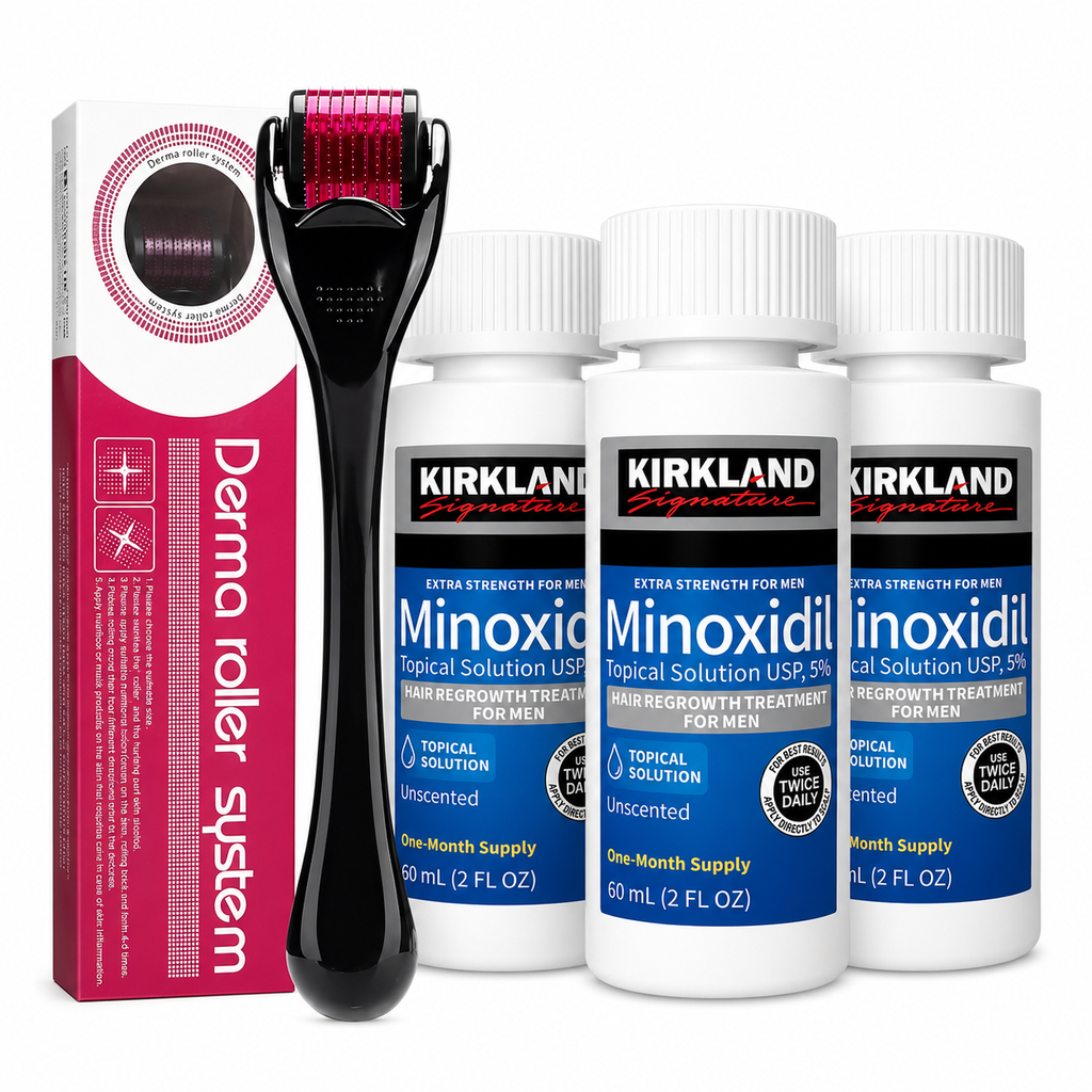Minoxidil Kirkland 5% x3 Frascos 60ml + Dermaroller — Kit Completo