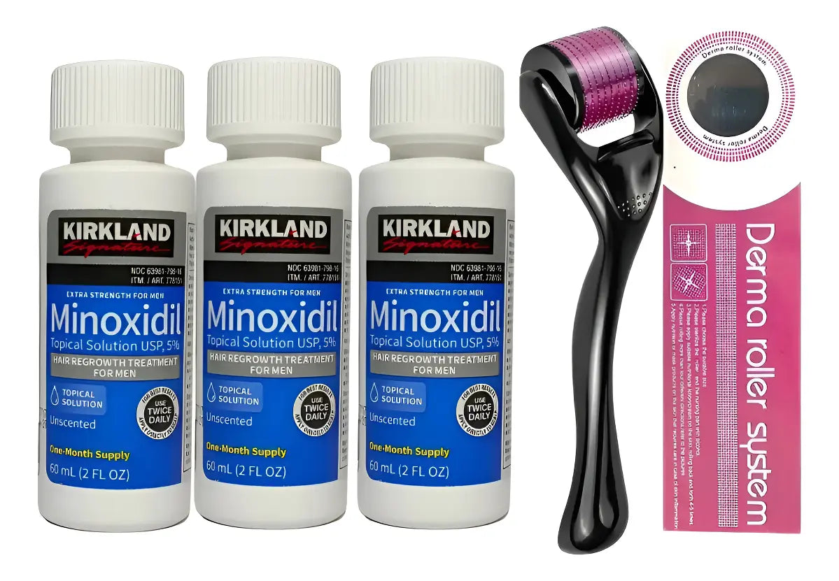 Minoxidil Kirkland 5% x3 Frascos 60ml + Dermaroller — Kit Completo