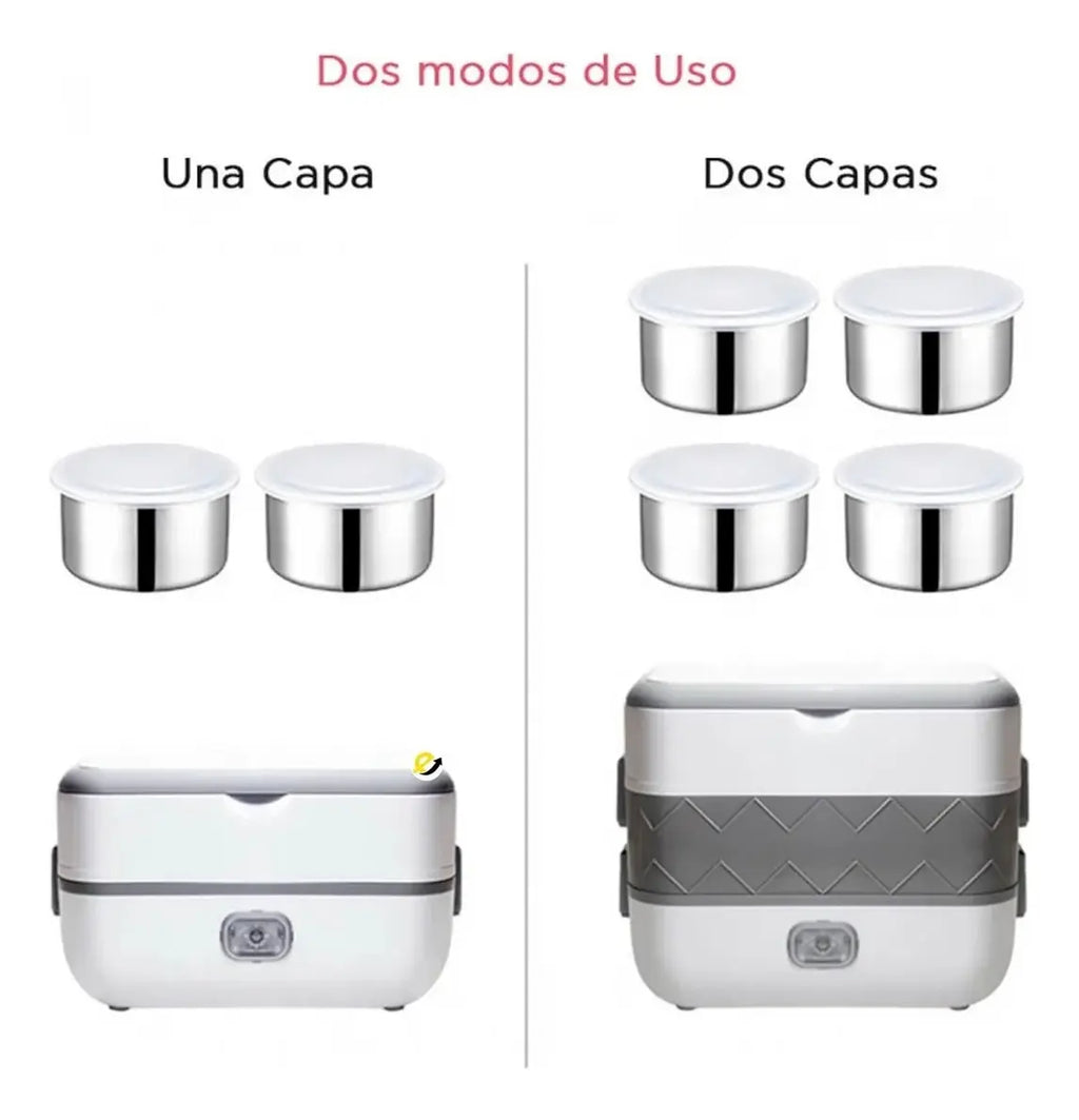 Combo Lonchera Eléctrica 2 Niveles + Taza Mezcladora Automática Recargable