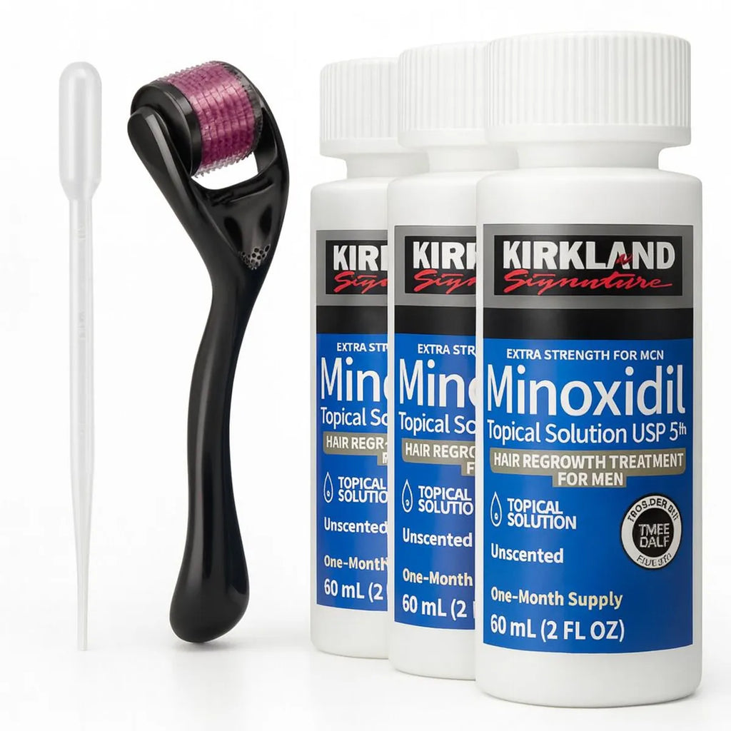 Minoxidil Kirkland 5% x3 Frascos 60ml + Dermaroller — Kit Completo